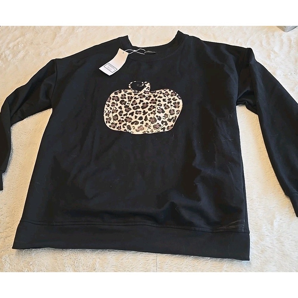 Miholl Cheetah‎ Print Pumpkin Sweatshirt Black Womens Size L NWT Fall Autumn
